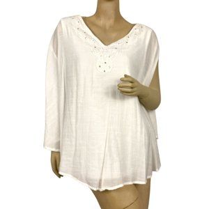 NY Collection White Lined Blouse Top Lacey Beads Sleeveless V Neck Size Large